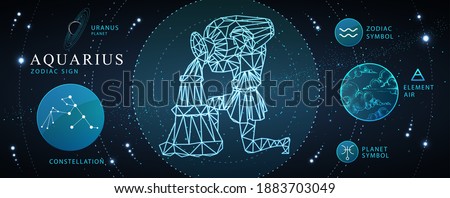 Modern magic witchcraft card with astrology Aquarius zodiac sign. Polygonal man with water jug. Zodiac characteristic