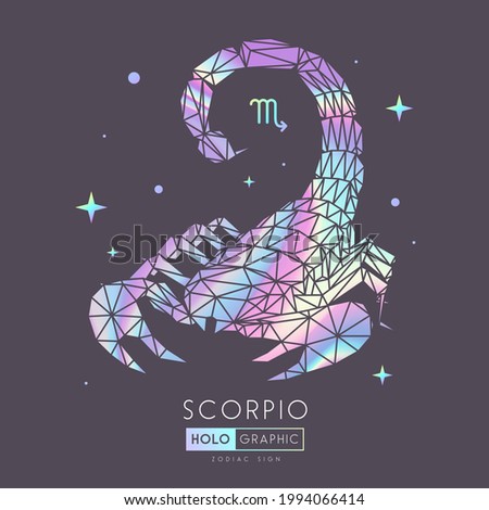 Modern magic witchcraft card with astrology Scorpio zodiac sign. Holographic Scorpion illustration in polygonal style