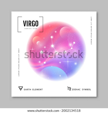 Modern magic witchcraft card with astrology Virgo zodiac constellation on holographic flow background