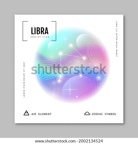 Modern magic witchcraft card with astrology Libra zodiac constellation on holographic flow background