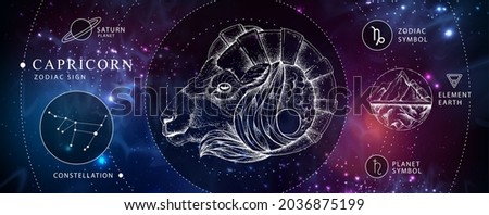 Modern magic witchcraft card with astrology Capricorn zodiac sign. Realistic hand drawing ram or mouflon head. Zodiac characteristic