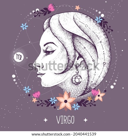 Modern magic witchcraft card with astrology Virgo zodiac sign. Realistic hand drawing woman head