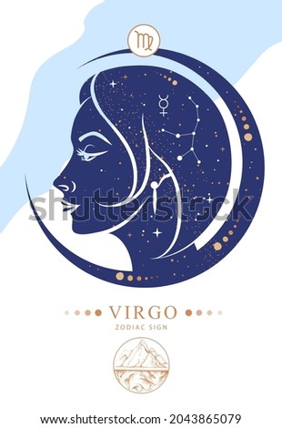 Modern magic witchcraft card with astrology Virgo zodiac sign. Zodiac characteristic