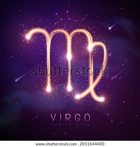 Modern magic witchcraft card with astrology glittering golden Virgo zodiac sign on outer space background
