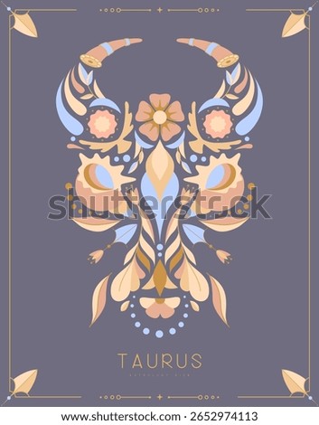 Modern magic witchcraft card with astrology Taurus zodiac sign with floral ornament. Vector illustration