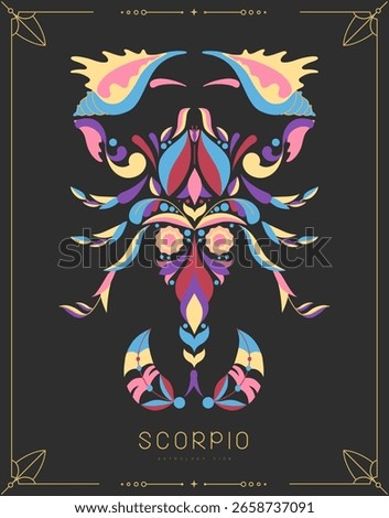 Modern magic witchcraft card with astrology Scorpio zodiac sign with floral ornament. Vector illustration