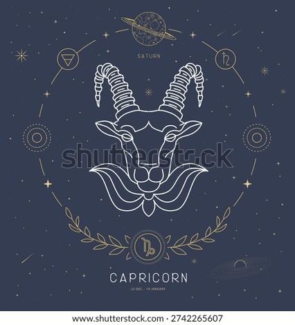 Modern magic witchcraft card with astrology Capricorn zodiac sign characteristic. Vector illustration