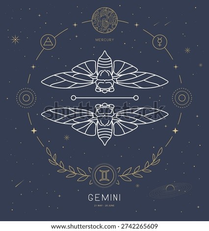 Modern magic witchcraft card with astrology Gemini zodiac sign characteristic. Vector illustration