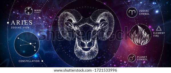 Modern magic witchcraft card with\
astrology Aries zodiac sign. Realistic hand drawing ram or mouflon\
head. Zodiac\
characteristic