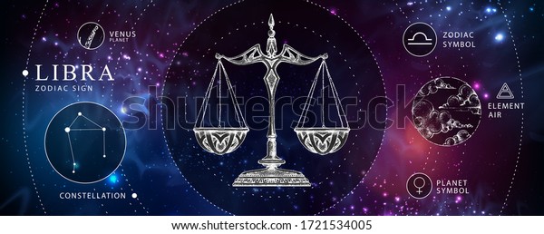 Modern magic witchcraft card with\
astrology Libra zodiac sign. Realistic hand drawing scales\
illustration. zodiac\
characteristic