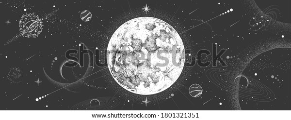 Modern magic witchcraft wallpaper for walls with astrology moon on outer space background. Realistic hand drawing full moon vector illustration.