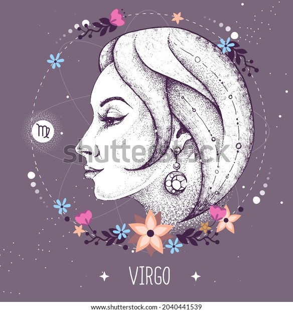 Modern magic witchcraft card with\
astrology Virgo zodiac sign. Realistic hand drawing woman\
head