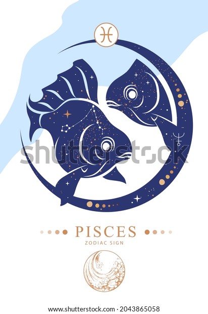 Modern magic witchcraft card with\
astrology Pisces zodiac sign. Zodiac\
characteristic