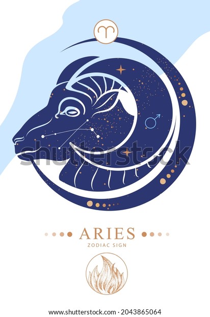 Modern magic witchcraft card with\
astrology Aries zodiac sign. Zodiac\
characteristic