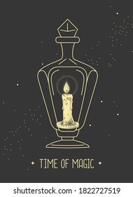 Modern magic witchcraft card with burning candle in glass bottle on space background. Vector illustration