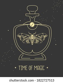 Modern magic witchcraft card with butterfly in glass bottle on space background. Vector illustration