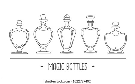 Modern magic witchcraft card with different glass bottles on space background. Vector illustration