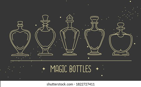 Modern magic witchcraft card with different glass bottles on space background. Vector illustration