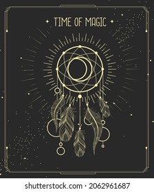 Modern magic witchcraft card with dream Catcher. Vector illustration