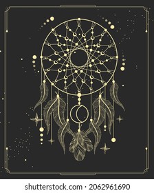 Modern magic witchcraft card with dream Catcher. Vector illustration