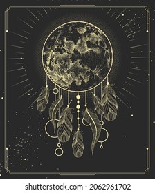 Modern magic witchcraft card with dream Catcher and full realistic moon. Vector illustration