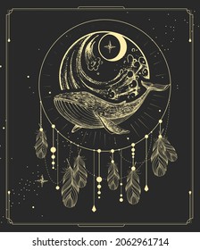 Modern magic witchcraft card with dream Catcher and whale with crescent. Vector illustration