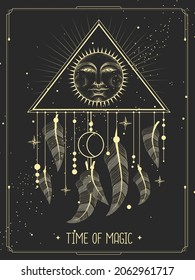 Modern magic witchcraft card with dream Catcher and sun sign with human face. Vector illustration