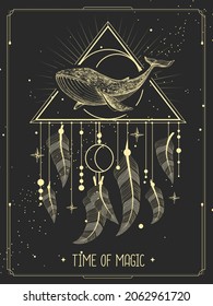 Modern magic witchcraft card with dream Catcher and whale and crescent. Vector illustration