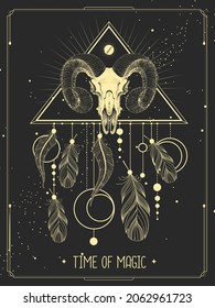 Modern magic witchcraft card with dream Catcher and animal ram or mouflon skull. Vector illustration