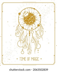Modern magic witchcraft card with dream Catcher. Vector illustration