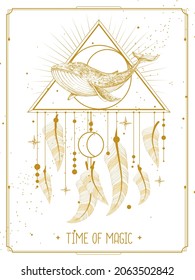 Modern magic witchcraft card with dream Catcher and whale and crescent. Vector illustration