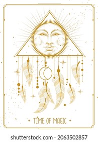 Modern magic witchcraft card with dream Catcher and sun sign with human face. Vector illustration