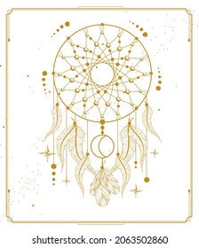 Modern magic witchcraft card with dream Catcher. Vector illustration