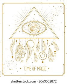 Modern magic witchcraft card with dream Catcher and eye in triangle. Vector illustration