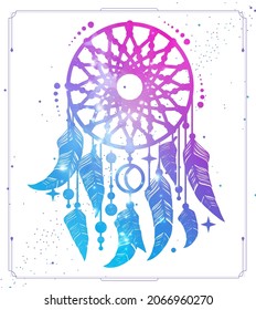 Modern magic witchcraft card with dream Catcher with outer space background inside. Vector illustration