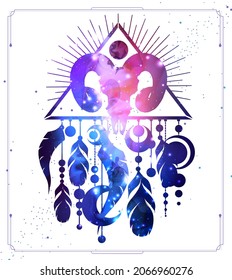 Modern magic witchcraft card with dream Catcher,animal ram or mouflon skull and space background inside. Vector illustration
