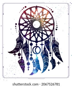 Modern magic witchcraft card with dream Catcher with outer space background inside. Vector illustration