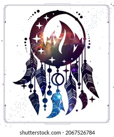 Modern magic witchcraft card with dream Catcher, crescent, fire element and space background inside. Vector illustration