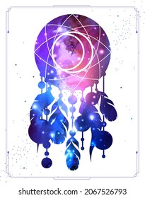Modern magic witchcraft card with dream Catcher with outer space background inside. Vector illustration