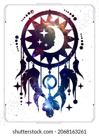 Modern magic witchcraft card with dream Catcher with outer space background inside. Vector illustration