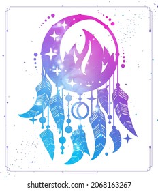 Modern magic witchcraft card with dream Catcher, crescent, fire element and space background inside. Vector illustration