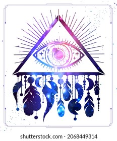 Modern magic witchcraft card with dream Catcher, eye in triangle and space background inside. Vector illustration