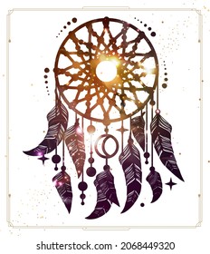 Modern magic witchcraft card with dream Catcher with outer space background inside. Vector illustration
