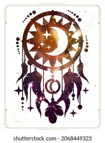 Modern magic witchcraft card with dream Catcher with outer space background inside. Vector illustration