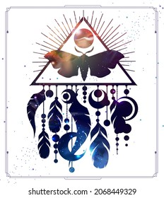 Modern magic witchcraft card with dream Catcher, butterfly and space background inside. Vector illustration