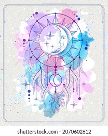 Modern magic witchcraft card with dream Catcher on watercolor background. Vector illustration