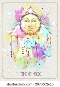 Modern magic witchcraft card with dream Catcher and sun sign with human face on watercolor background. Vector illustration