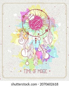 Modern magic witchcraft card with dream Catcher on watercolor background. Vector illustration