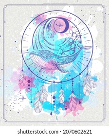 Modern magic witchcraft card with dream Catcher and whale with crescent on watecolor background. Vector illustration