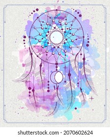 Modern magic witchcraft card with dream Catcher on watercolor background. Vector illustration